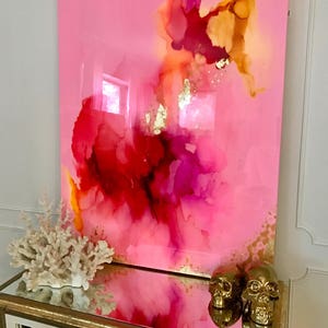 Sold! Acrylic Abstract Art Large Canvas Painting Gold Pink, Pastel, Ikat Ombre Glitter with Glass and Resin Coat 40" x 30" Gold Leaf