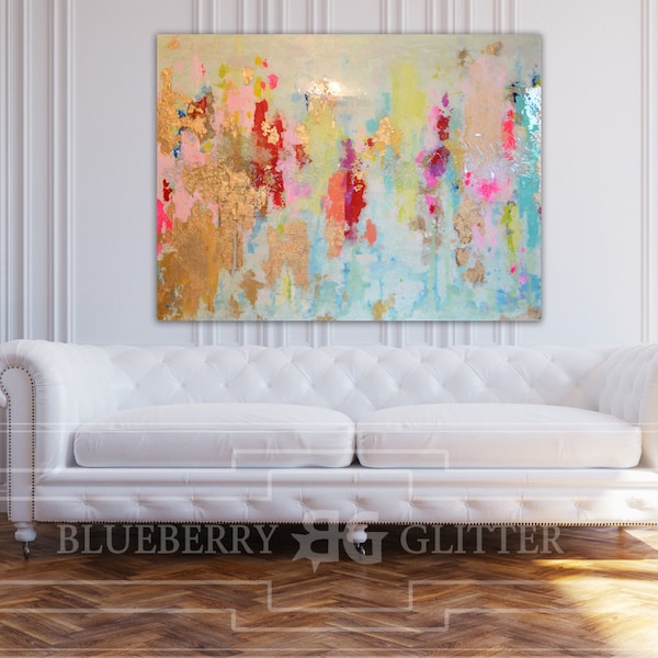 Sold! Acrylic Abstract Art Large Canvas Painting, Large gold,  Blue, Pink, Gold, Pastel, Glitter, Large original, Resin gold leaf