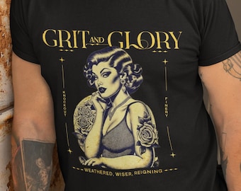 Grit and Glory T-shirt unisex, abbigliamento stile rockabilly, abbigliamento stile pin-up, maglietta con tatuaggio flash, maglietta pin-up, abbigliamento stile alt anni '50