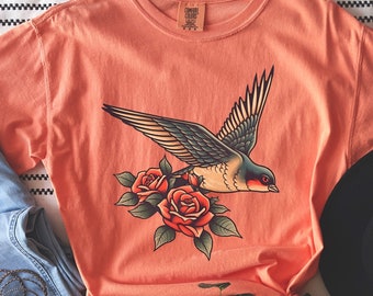 Rockabilly Sparrow Shirt, Sailor Jerry Inspired Unisex TShirt, Free Bird Vintage Fit Cozy Tee, Sparrow and Roses, Tattoo Clothing, Inked