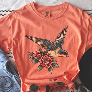 Rockabilly Sparrow Shirt, Sailor Jerry Inspired Unisex TShirt, Free Bird Vintage Fit Cozy Tee, Sparrow and Roses, Tattoo Clothing, Inked