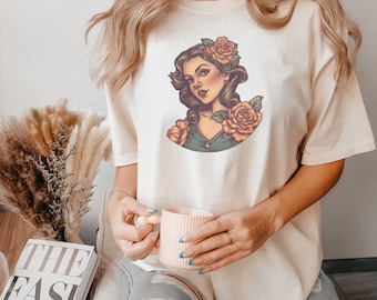 Sexy Pinup Lady Unisex Shirt, Comfort Colors Vintage Tee, Old Sailor Jerry Tattoo Style Tshirt, Beautiful Retro Woman Illustration Tee