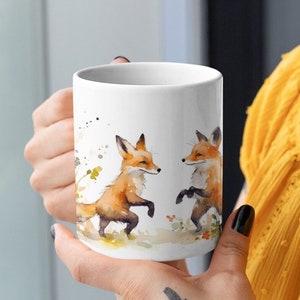 Cute Playful Foxes Mug, Nature Lover Gift, Red Foxes in Fall Glassware, Autumn Mug, Watercolor Wildlife Art, Fox Illustration