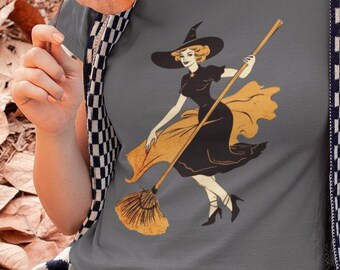 Maglietta da donna pin-up strega, maglietta unisex da ragazza pin-up, abbigliamento rockabilly, maglietta con tatuaggio flash, vestiti carini per la stagione spettrale, donna strega