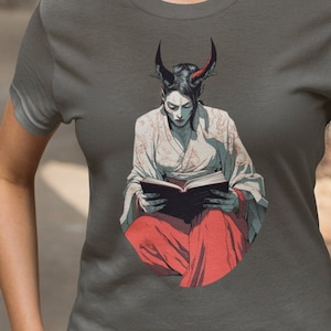 Devil Woman Reading Tee, Cozy Unisex Synthwave Anime Shirt, Beautiful Kimono TShirt, Witchy Shirt, Pastel Goth TShirt, Kawaii Clothing