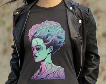 Retrowave Bride of Frankenstein, Camiseta unissex de fã de terror gótico, Camiseta de moda gótica pastel suave, Alt Streetwear, Fã de monstro de Frankenstein