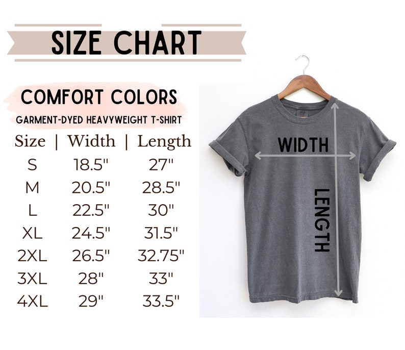 Pode incluir: Tabela de tamanhos para uma camiseta de peso pesado tingida em pe&ccedil;a. A tabela mostra as medidas de largura e comprimento em polegadas para os tamanhos S a 4XL.