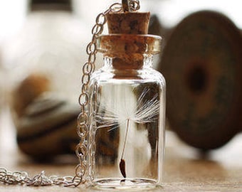 Dandelion Wish Bottle Necklace, Silver Gold Bronze, Tiny Glass Jar Pendant Natural Dandelion Seeds, Botanical Flower Floral Lucky Terrarium