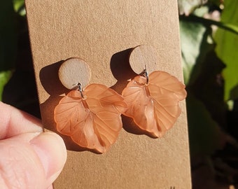 Orange Frosted Leaf Earrings | Wooden laser cut acrylic studs