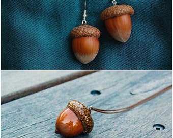 Botanical Necklace & Earrings Gift Set, Natural Real Acorn Pendant Jewelry, , Botanical Earrings, Woodland Jewellery in the UK