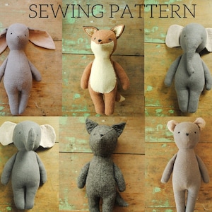 Stuffed animal doll sewing pattern set of six / digital PDF downloads (10% discount) Bunny, bear, fox, wolf, elephants