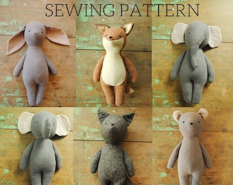 Stuffed animal doll sewing pattern set of six / digital PDF downloads (10% discount) Bunny, bear, fox, wolf, elephants