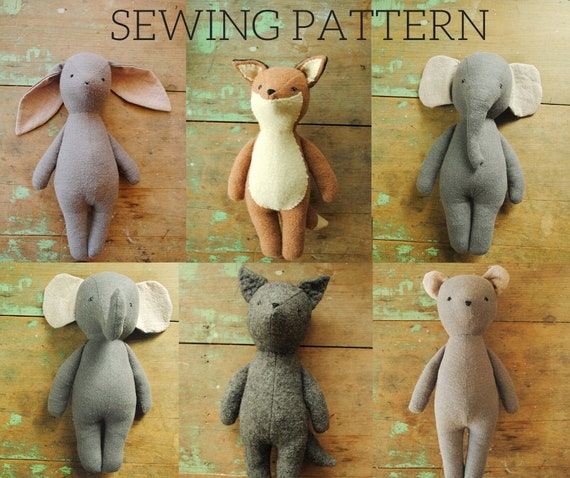 Stuffed Animal Doll Sewing Pattern Set of Six / Digital PDF Downloads 10%  Discount Bunny, Bear, Fox, Wolf, Elephants 