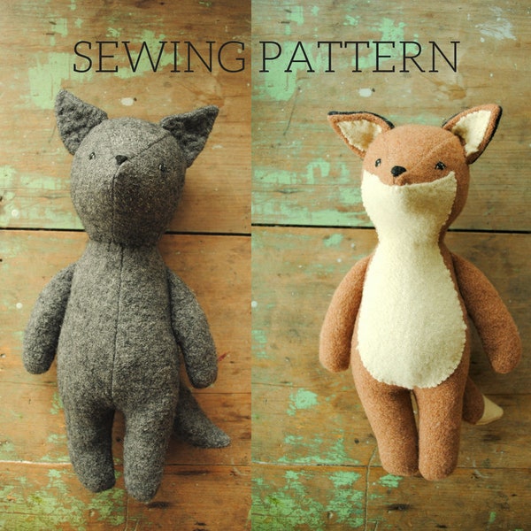 Fox and wolf stuffed animal doll PDF sewing pattern / soft toy digital download