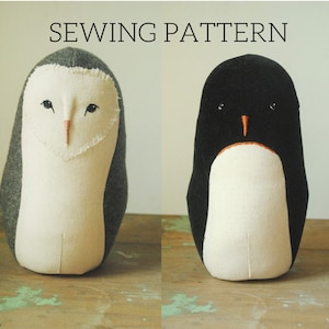 May include: Sewing pattern for a plush owl and penguin toy. The owl has grey wings and a white body with black eyes. The penguin has black wings and a white body with an orange beak.