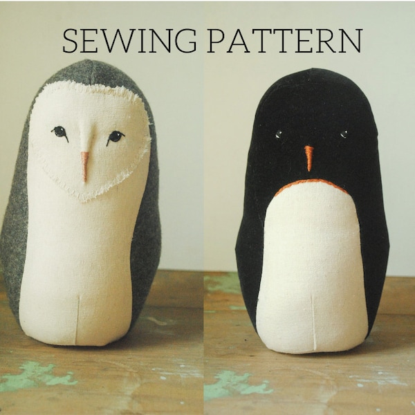 Barn owl and penguin stuffed animal PDF sewing pattern / soft toy digital download