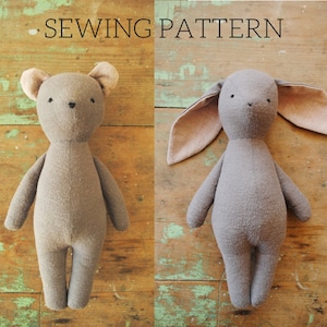 Bunny rabbit and bear stuffed animal doll sewing pattern / digital PDF download image 1