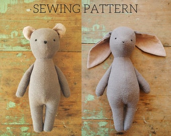 Bunny rabbit and bear stuffed animal doll sewing pattern / digital PDF download