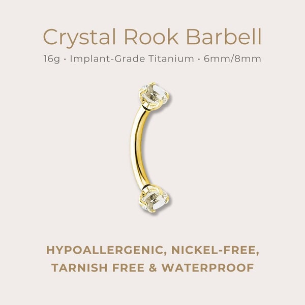 Crystal Rook Barbell | 16g | Certified ASTM F136 Titanium | 6mm or 8mm | Hypoallergenic, Waterproof, Nickel Free | Internally Threaded