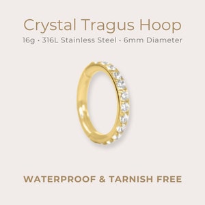 Pequeño aro de cristal para piercing de cartílago de 6 mm, 16 g, acero inoxidable 316L, con bisagra brillante, para hélix, trago y torre.