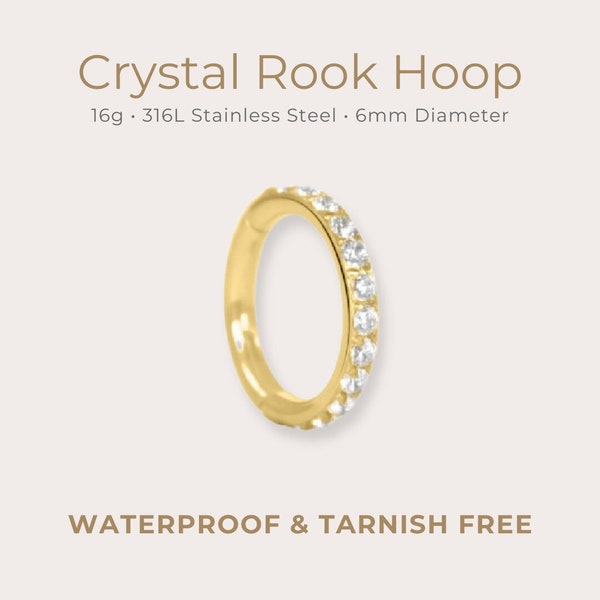 Tiny 6mm Crystal Rook Piercing Hoop | 16g | 316L Stainless Steel | Hinged Clicker | Waterproof & Tarnish Free