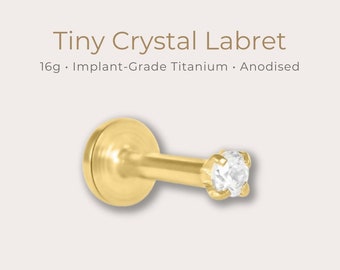 IMPLANT GRADE • Tiny 2mm Solitaire Crystal Labret | 16g | ASTM F136 Titanium | Internal Thread | Tragus, Helix, Conch | Hypoallergenic