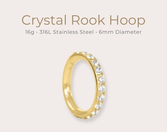 Tiny 6mm Crystal Rook Piercing Hoop | 16g | 316L Stainless Steel | Hinged Clicker | Waterproof & Tarnish Free