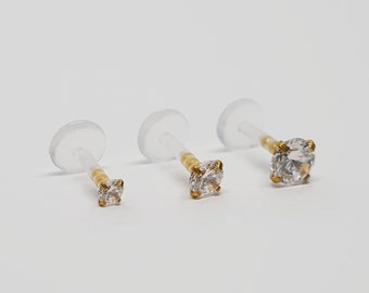 BIOFLEX • 16g Gold Crystal Labret | Push-Fit Piercing | Tragus Helix Conch | Soft Comfortable Flexible Body Jewellery
