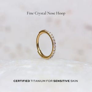Fine Crystal Nose Hoop | 20g | ASTM F136 Titanium | Easy To Fit Hinge Closure | Thin Sparkly Hoop | Hypoallergenic, Waterproof & Nickel Free