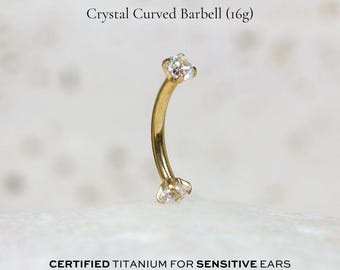 Crystal Curved Barbell | 16g | Certified ASTM F136 Titanium | Hypoallergenic, Waterproof, Nickel Free | Internally Threaded