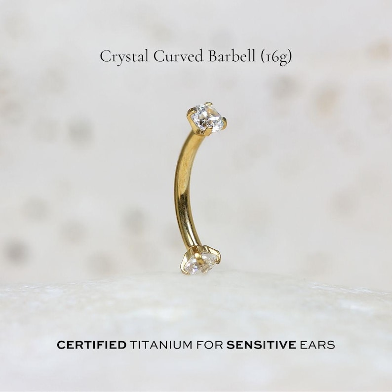 Crystal Curved Barbell | 16g | Certified ASTM F136 Titanium | Hypoallergenic, Waterproof, Nickel Free | Internally Threaded image 1