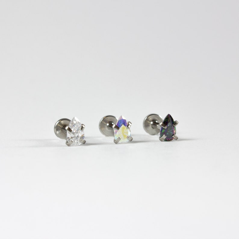 16g Tiny Crystal Teardrop Labret Internally Threaded Tragus|Helix|Cartilage High Quality Stainless Steel Body Jewellery