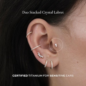 DUO • Stacked Crystal Threadless Labret | 16g | ASTM F136 Titanium | Implant Grade, Hypoallergenic, Waterproof, Tarnish Free