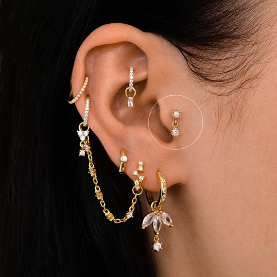 Opal Dangle Helix, Tragus Earring | Gold Flat Back Piercing Stud 8mm