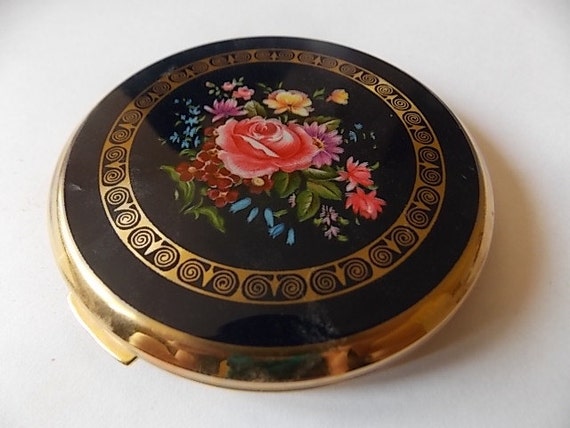 Vintage Stratton Navy Pink Flowers Compact LOVELY - image 5