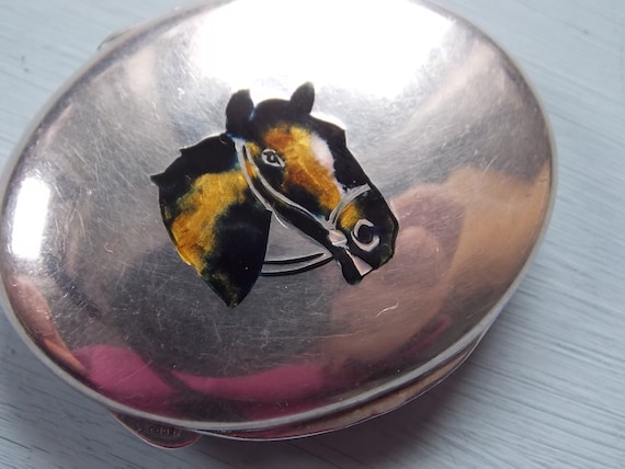 Vintage Enamel Horse Silver Trinket Pill Box LOVE… - image 1