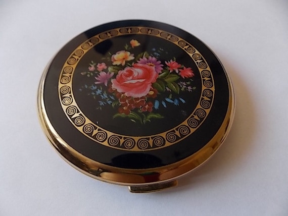 Vintage Stratton Navy Pink Flowers Compact LOVELY - image 1