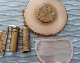 Vintage Compact Lipstick Perfume Silk Bag Enamel Flowers 1920/30  RARE