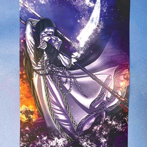 May include: A fantasy art print featuring a robed figure with a hood, holding a staff and a crescent-shaped blade. The artwork has a dark, celestial theme with a purple and blue background, accented by fiery orange and white details.