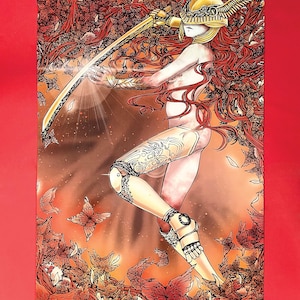 May include: An illustration of a warrior figure with long red hair, wearing a golden helmet and armor, holding a golden sword. The artwork features a detailed background of red and orange foliage and butterflies, with a bright light emanating from the sword.