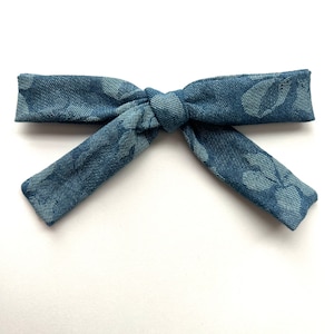Floral Denim PENELOPE Bow for Newborn Baby Child Little Girl Photo Prop Adorable Beautiful Spring Winter Summer Bow Blue Clip
