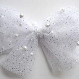 White Tulle and Pearl OVERSIZED Hand Tied Bow for Newborn Baby Child Little Girl Photo Prop Beautiful Soft Gorgeous Baby Headband