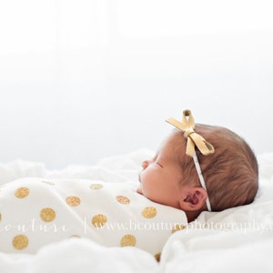 Gold Metallic LARGE Leather Bow One Size Fits All Elastic Adorable Photo Prop for Newborn Baby Little Girl Child Adult Headwrap Pretty Bow image 3