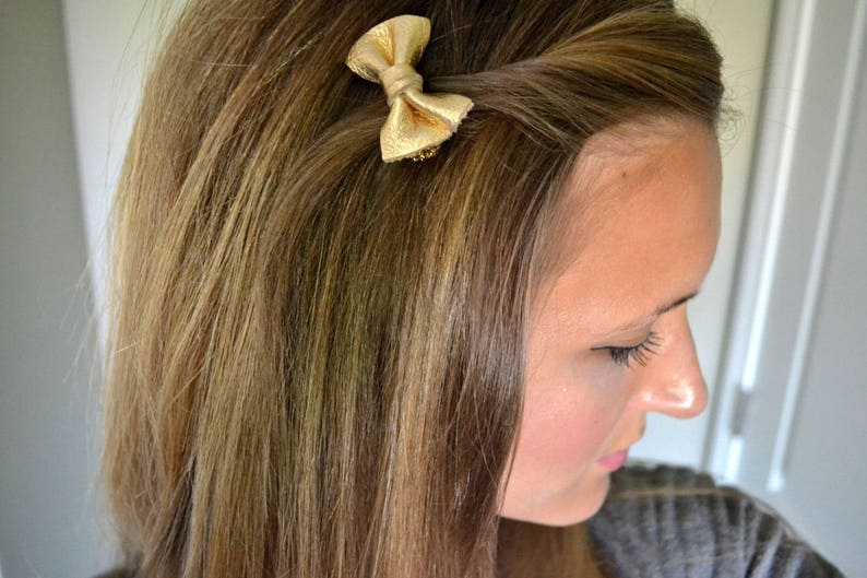 Sunkissed Metallic TINY Leather Bow Headband Photo Prop for Girls Adorable Holiday Bow for Little Girls Babies Toddlers Adults Holiday Bow