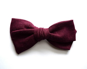 Maroon Linen Hand Tied Bow for Newborn Baby Child Little Girl Photo Prop Adorable Beautiful Christmas Holiday Burgundy Plum Purple Bow