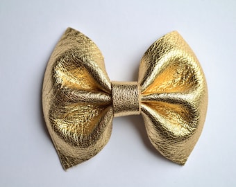 Gold Metallic Leather Bow Clip for Newborn Baby Little Girl Child Photo Prop Holiday Fall Pictures