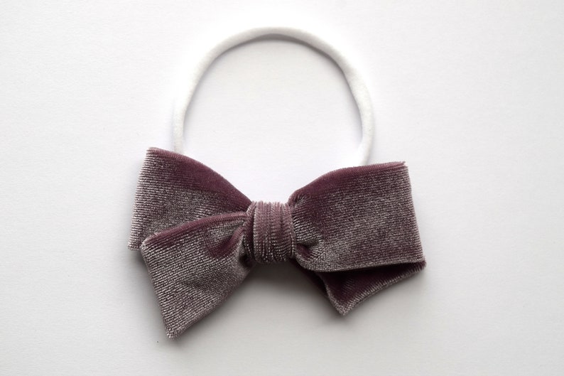 Dusty Orchid Velvet Hand Tied Bow Headband Adorable Photo Prop for Newborn Baby Little Girl Child Fall Mauve Lilac Purple Soft Headband image 1