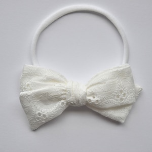 White Eyelet Lace Hand Tied Bow Headband Adorable Photo Prop for Newborn Baby Little Girl Child Baptism Spring Summer Blessing Headband