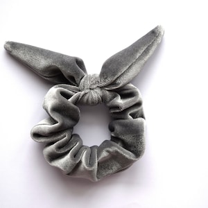 Silver Velvet Hand Tied SCRUNCHIE for Newborn Baby Child Little Girl Photo Prop Adorable Easter Spring Summer Grey Gray Bow Rubber Band