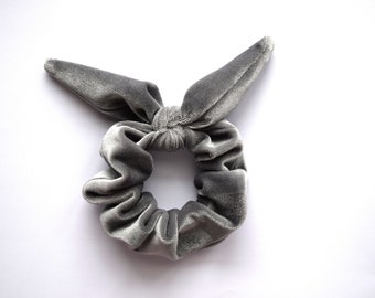 Silver Velvet Hand Tied SCRUNCHIE for Newborn Baby Child Little Girl Photo Prop Adorable Easter Spring Summer Grey Gray Bow Rubber Band